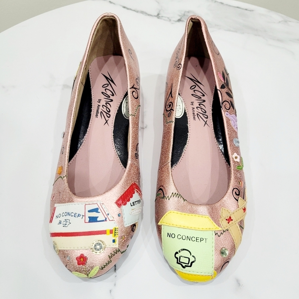 Brand New Japan Pink Lamb Skin Garden Graphic Shoes Heels Kids US 3 / Women 4